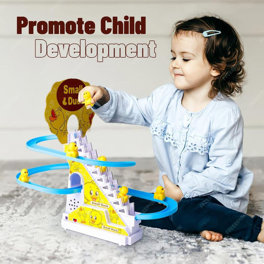 Small Ducks Climbing Toys, Electric Llittle Duck Climbing Stairs Toy, Funny Duck Roller Coaster Track Toy with 9 Duck LED Lights & Music Button, Small Duck Slide Toy for Toddlers Kids and Baby